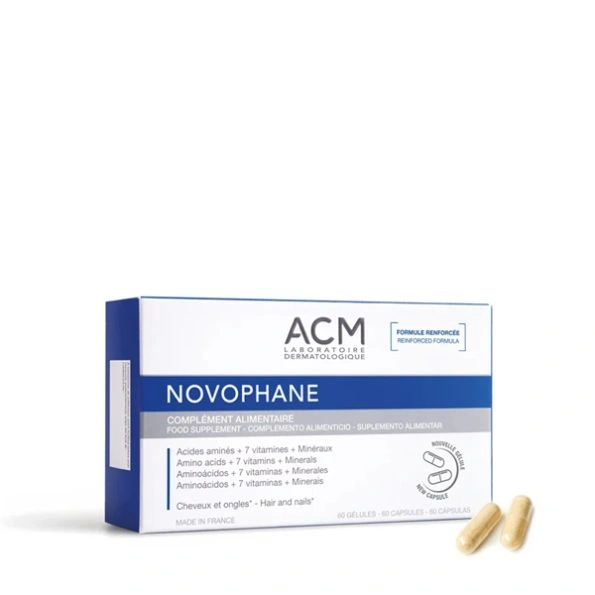 ACM Novophane Hair & Nails Capsules are a premium food supplement formulated to support healthy hair growth and stronger nails. This advanced reinforced formula combines essential amino acids, vitamins, trace elements, and plant-based silicon to help promote keratin production, a vital component of hair and nail structure.