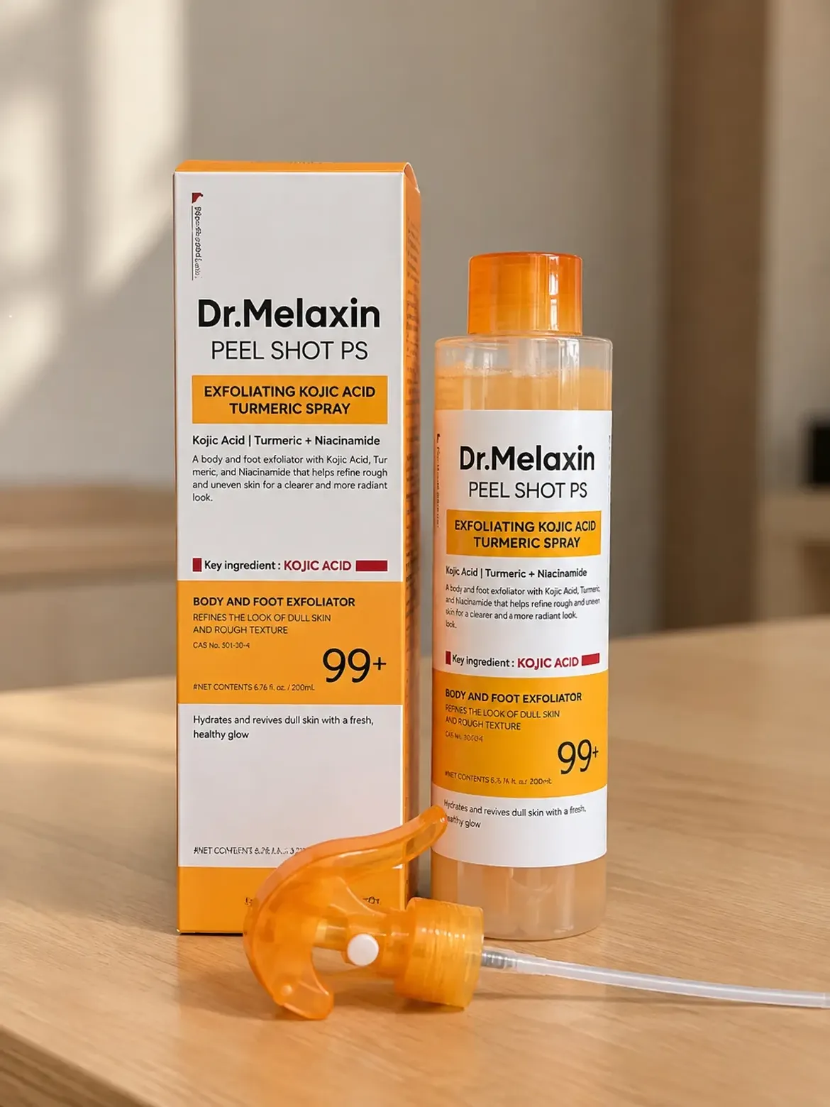 ✨ Dr.Melaxin Peel Shot PSExfoliating Kojic Acid Turmeric Sprayاگه پوست بدنت یا پاهات زبر، کدر و DR.MELAXIN Peel Shot Kojic Acid Turmeric Body Exfoliating Spray 200ml | LUXELOOK UAE - Image 1